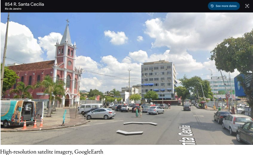 Google Earth view of a red-fronted church with a bell tower on a street corner, captioned “High-resolution satellite imagery, GoogleEarth”.