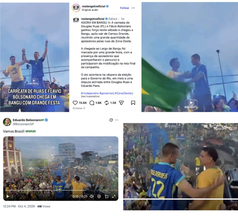 A grid of screenshots showing additional public posts and footage of the same rally, including a close frame of two men embracing in the crowd.