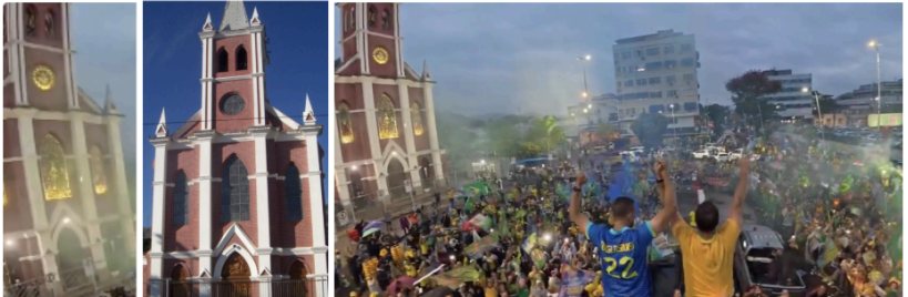 Three panels: the church photographed by day, the same church at dusk, and a wide frame of the crowd and church from the video.