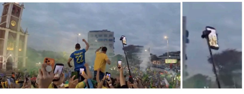 Two panels. Left: a wide view of the rally with the church, the crowd and Bolsonaro on a truck. Right: the same scene in which a device mounted on a pole is visible above the crowd.