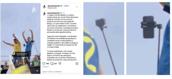 A strip of frames: a wider view of the crowd, then two close frames showing a phone and a camera mounted on poles above the crowd, alongside a screenshot of a public post about the event.
