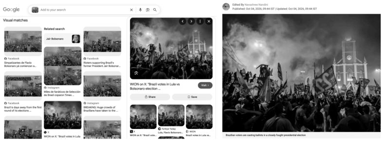 Left: an AI-detection tool's interface analysing the video. Right: the post that carried the clip, with a four-up grid of further footage from the same event.