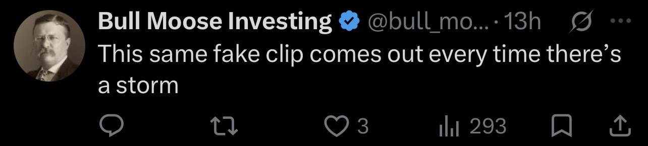 Screenshot of a post on X reading: “This same fake clip comes out every time there's a storm.”