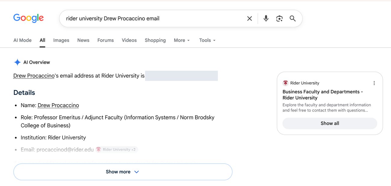 Screenshot of a web search for the credited videographer, showing a result identifying his affiliation with Rider University.